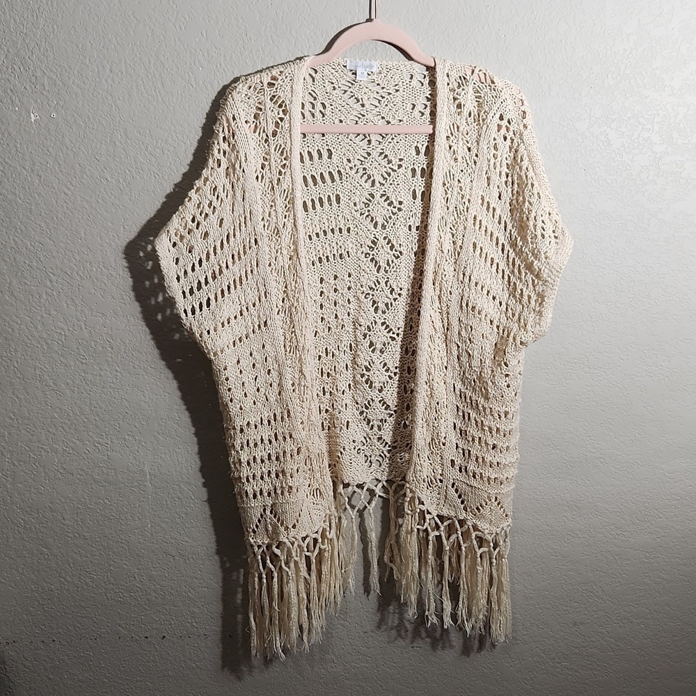 Charming Charlie Sweater Cardigan Fringe Western Size M Cream Fairy Whimsical